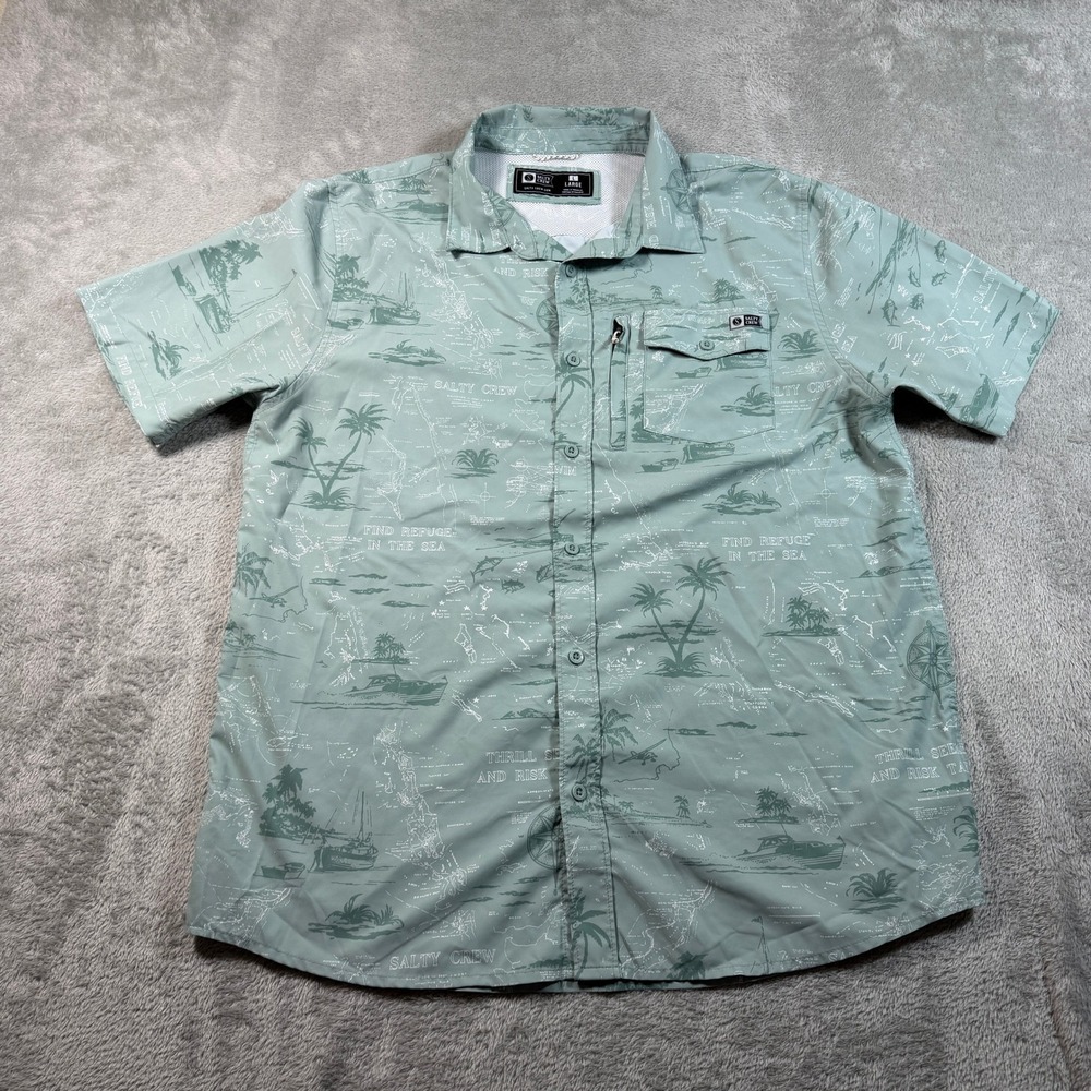 Salty Crew Performance Button Up Shirt Mens Large Green AOP Boat Short Sleeve